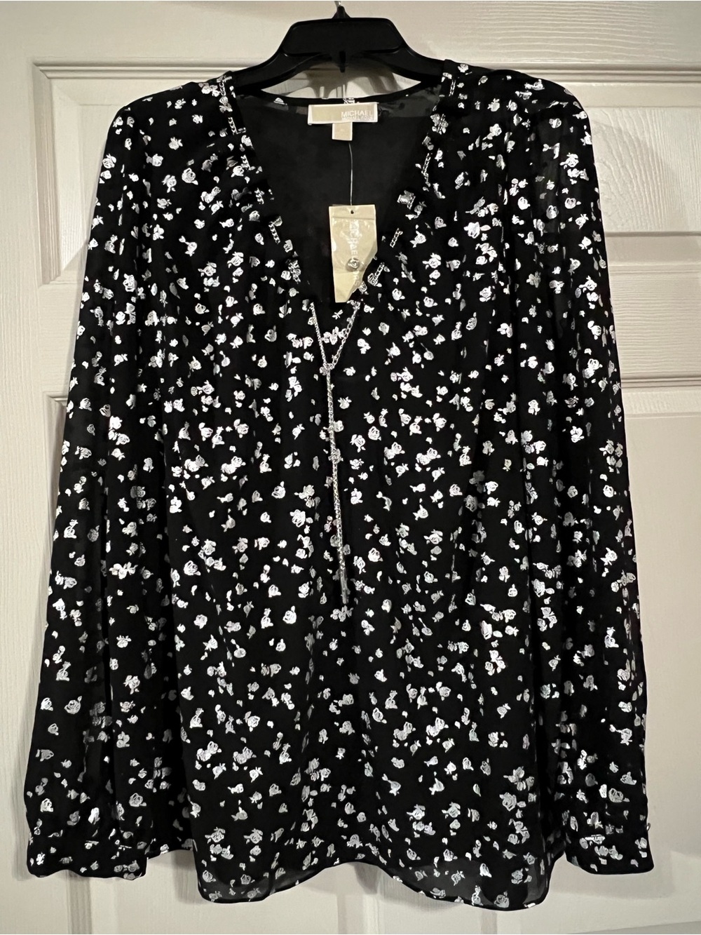Michael Kors Black Top with Silver Floral Metallic Accents